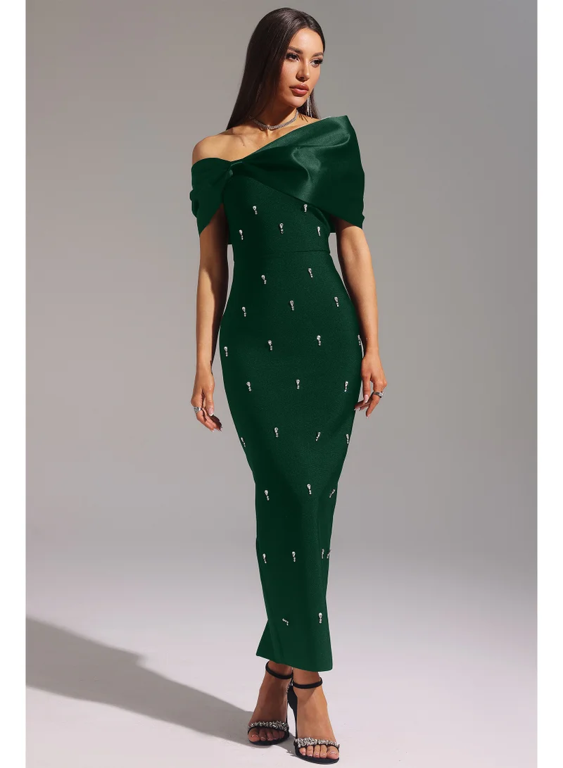 Palez Sleeveless One Shoulder Diamond Bow Bandage Maxi Dress